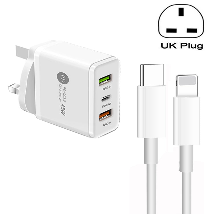 45W PD3.0 + 2 x QC3.0 USB Multi Port Charger with Type-C to 8 Pin Cable, UK Plug, UK Plug + Type-C to 8 Pin Cable